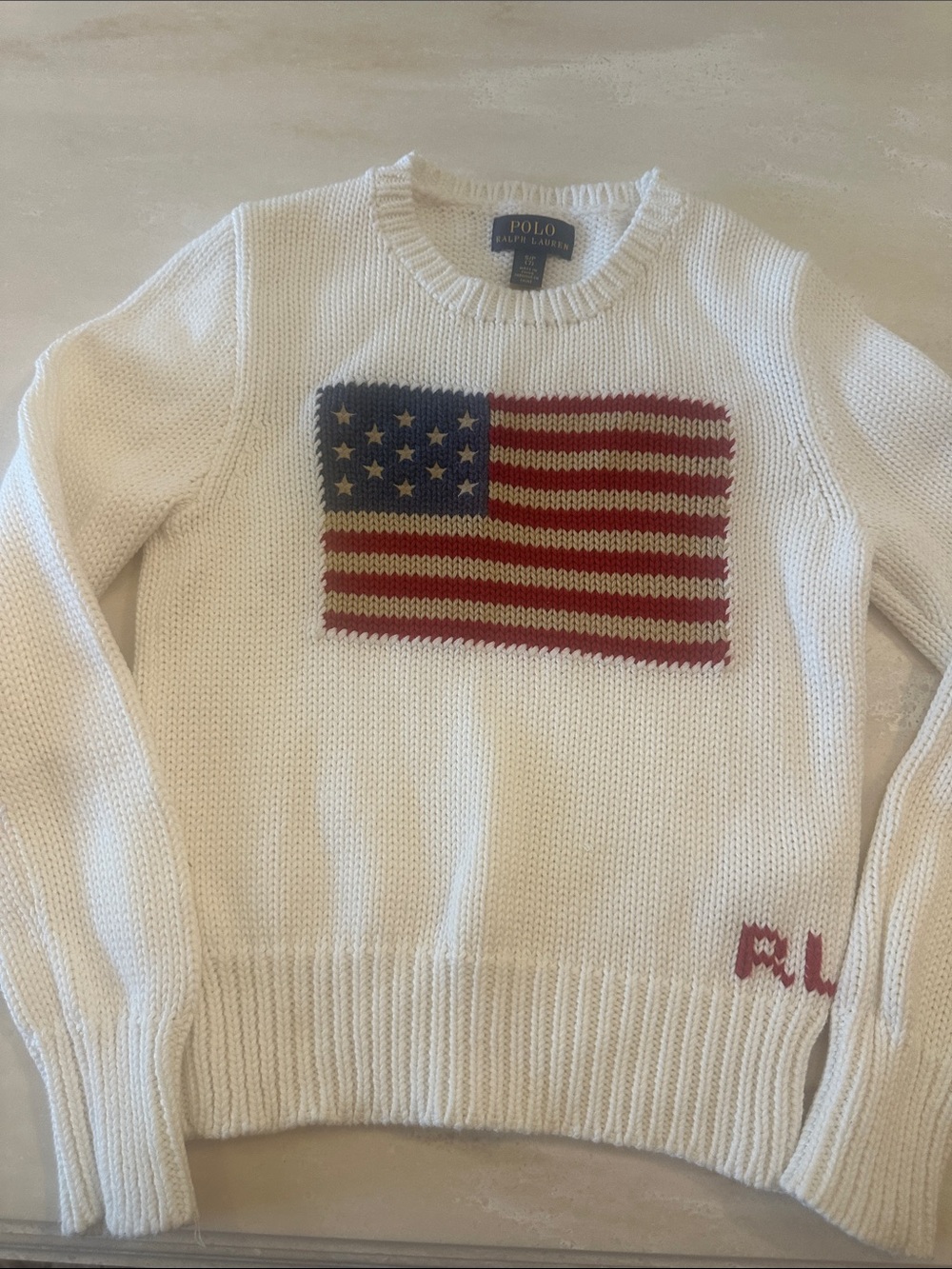 Polo by Ralph Lauren Kids  White Crewneck Sweater with Knit Flag Motif